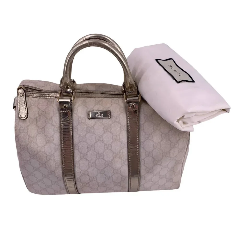 Authentic Vintage GUCCI Joy Boston Ivory & Gold GG Coated Canvas Medium Satchel